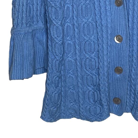 J Jill Womens Size Medium Blue Cableknit Cardigan Sweater Cotton Ruffle Sleeve - Picture 4 of 10